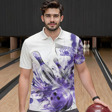 Load image into Gallery viewer, Custom White And Purple Custom Bowling Polo Shirts For Men, Bowling Tournament Team Shirt IPHW8462