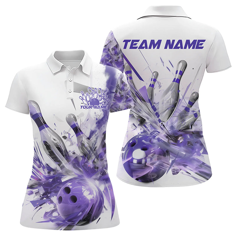 Custom White And Purple Custom Bowling Polo Shirts For Women, Bowling Tournament Team Shirt IPHW8462