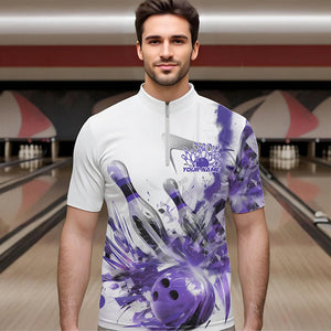 Custom White And Purple Custom Bowling Quarter-Zip Shirts For Men, Bowling Tournament Team Shirt IPHW8462