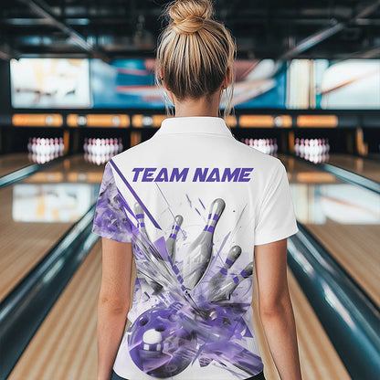 Custom White And Purple Custom Ladies Bowling Quarter-Zip Shirt, Bowling Tournament Shirt IPHW8462