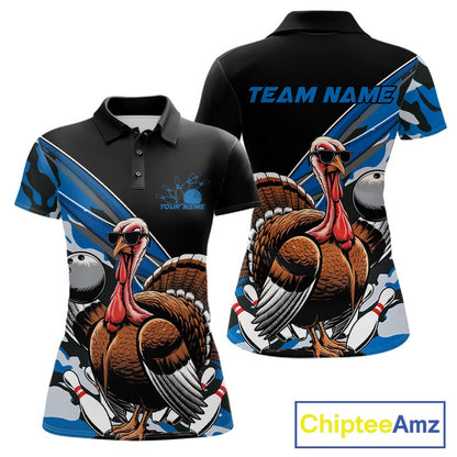 Custom Blue Camo Funny Turkey Bowling Team Shirt For Women, Turkey Bowling Jerseys IPHW10549