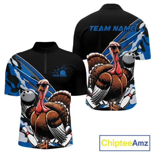Custom Blue Camo Funny Turkey Bowling Team Shirt For Men, Turkey Bowling Jerseys IPHW10549