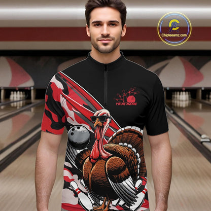 Custom Red Camo Funny Turkey Bowling Team Shirt For Men, Turkey Bowling Jerseys IPHW10550