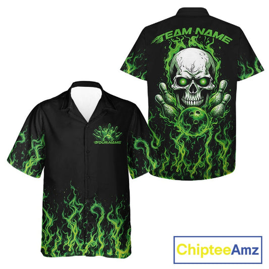 Custom Green Flame Skull Bowling Team Shirts For Men And Women, Halloween Bowling Jerseys IPHW10552