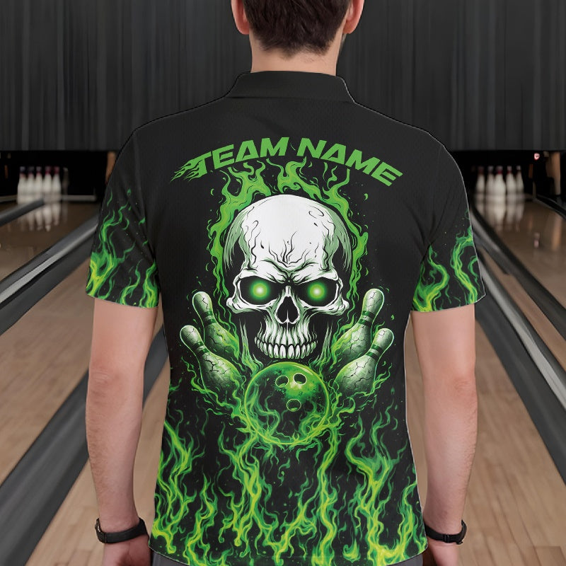 Custom Green Flame Skull Bowling Team Shirts For Men, Halloween Bowling Jerseys IPHW10552