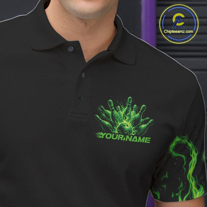 Custom Green Flame Skull Bowling Team Shirts For Men, Halloween Bowling Jerseys IPHW10552
