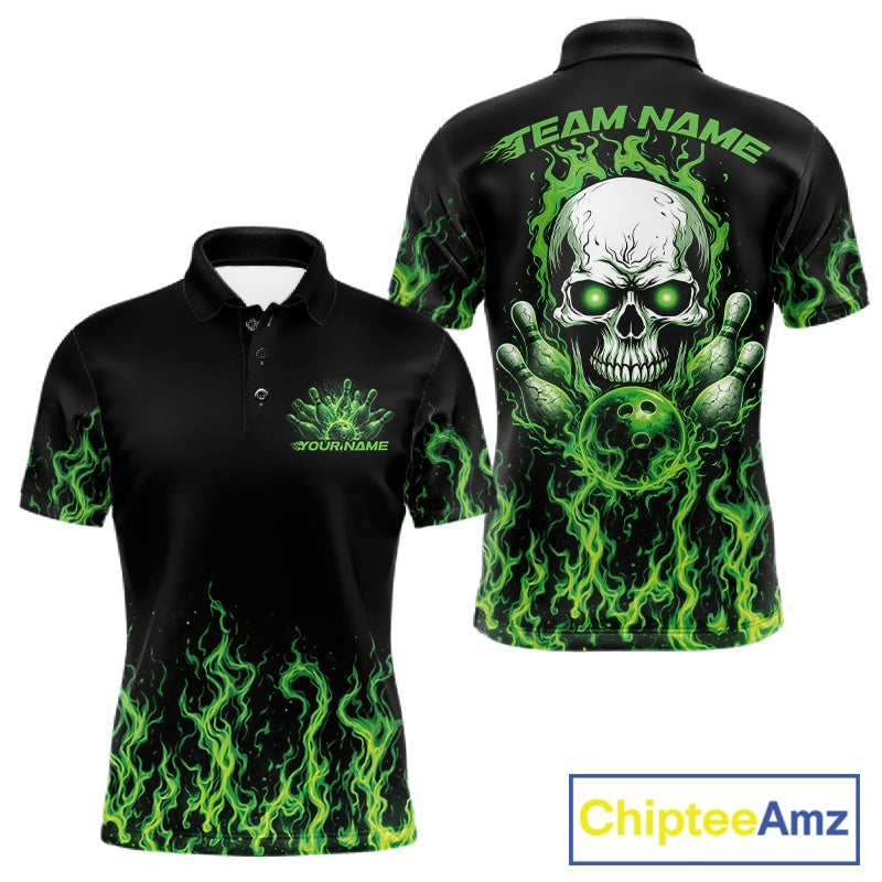 Custom Green Flame Skull Bowling Team Shirts For Men, Halloween Bowling Jerseys IPHW10552