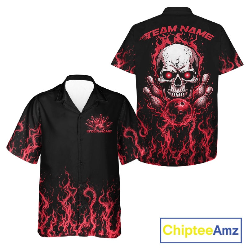 Custom Red Flame Skull Bowling Team Shirts For Men And Women, Halloween Bowling Jerseys IPHW10553