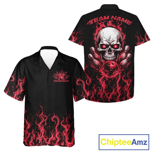 Custom Red Flame Skull Bowling Team Shirts For Men And Women, Halloween Bowling Jerseys IPHW10553
