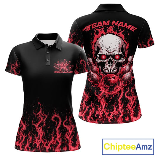 Custom Red Flame Skull Bowling Team Shirts For Women, Halloween Bowling Jerseys IPHW10553
