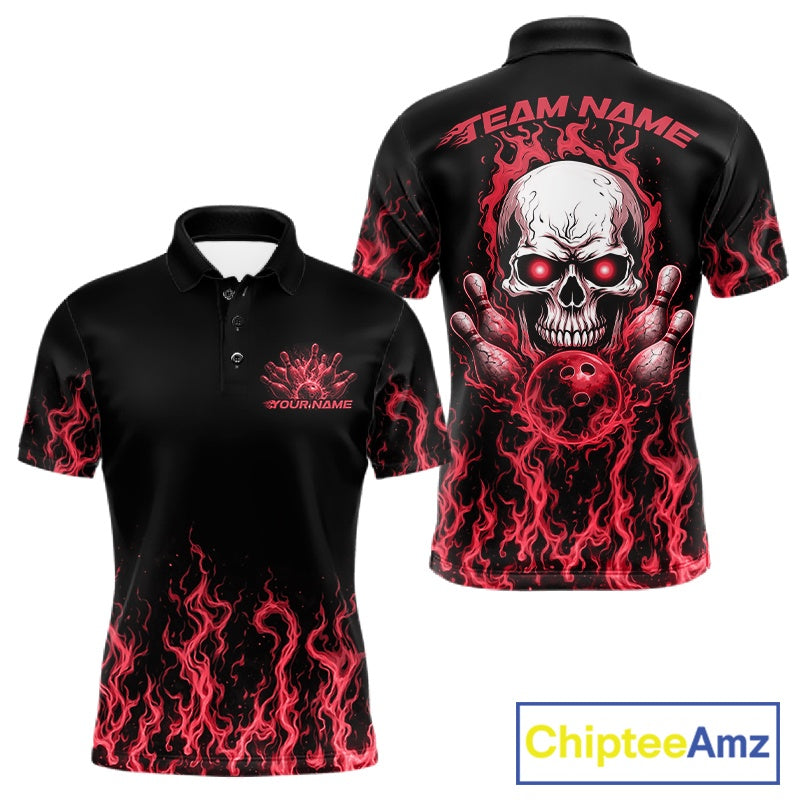 Custom Red Flame Skull Bowling Team Shirts For Men, Halloween Bowling Jerseys IPHW10553