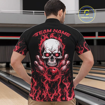 Custom Red Flame Skull Bowling Team Shirts For Men, Halloween Bowling Jerseys IPHW10553