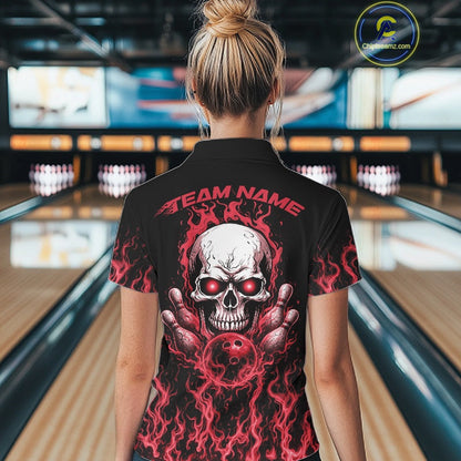 Custom Red Flame Skull Bowling Team Shirts For Women, Halloween Bowling Jerseys IPHW10553