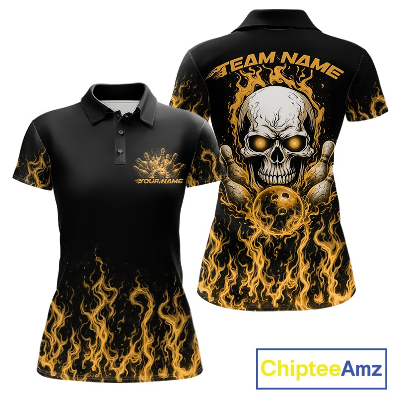 Custom Yellow Flame Skull Bowling Team Shirts For Women, Halloween Bowling Jerseys IPHW10554