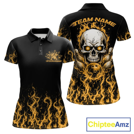 Custom Yellow Flame Skull Bowling Team Shirts For Women, Halloween Bowling Jerseys IPHW10554