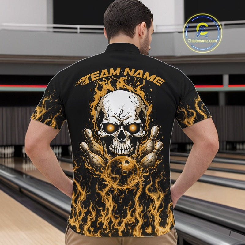 Custom Yellow Flame Skull Bowling Team Shirts For Men, Halloween Bowling Jerseys IPHW10554