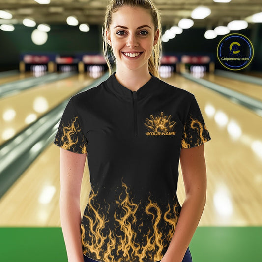 Custom Yellow Flame Skull Bowling Team Shirts For Women, Halloween Bowling Jerseys IPHW10554