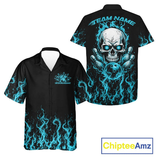 Custom Blue Flame Skull Bowling Team Shirts For Men And Women, Halloween Bowling Jerseys IPHW10555