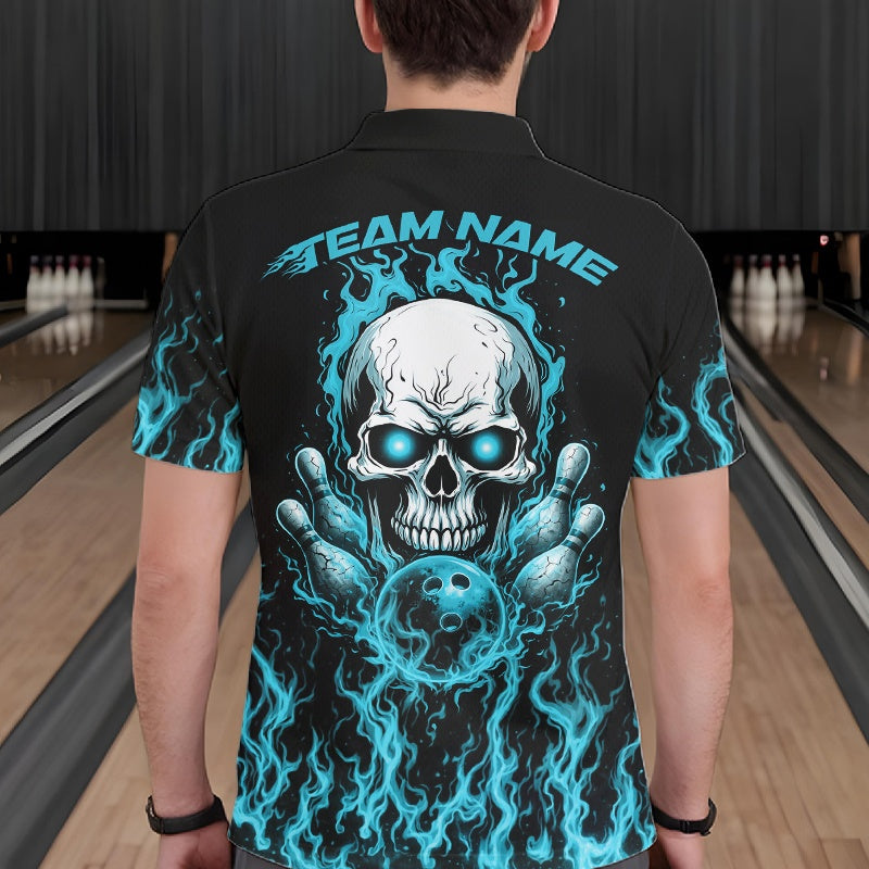 Custom Blue Flame Skull Bowling Team Shirts For Men, Halloween Bowling Jerseys IPHW10555
