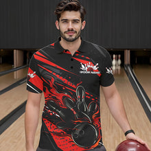 Load image into Gallery viewer, Custom Black And Red Flame Men Bowling Polo Shirts, Fire Bowling Ball Bowling Team Shirt IPHW8697
