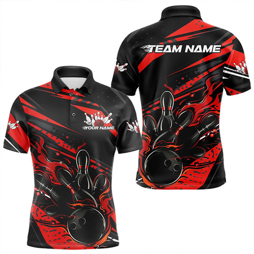 Custom Black And Red Flame Men Bowling Polo Shirts, Fire Bowling Ball Bowling Team Shirt IPHW8697