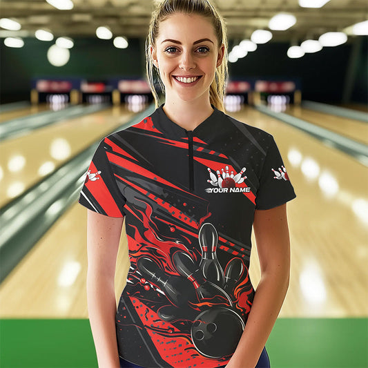 Custom Black And Red Flame Women Bowling Quarter-Zip Shirts, Fire Bowling Ball Team Shirt IPHW8697