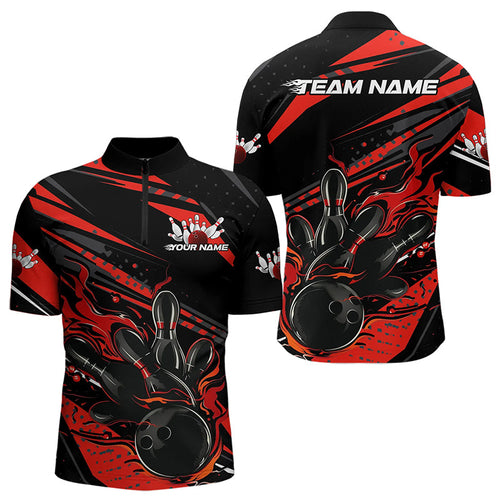 Custom Black And Red Flame Men Bowling Quarter-Zip Shirts, Fire Bowling Ball Bowling Team Shirt IPHW8697