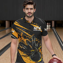 Load image into Gallery viewer, Custom Black And Gold Flame Men Bowling Polo Shirts, Fire Bowling Ball Bowling Team Shirt IPHW8698