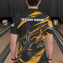 Load image into Gallery viewer, Custom Black And Gold Flame Men Bowling Polo Shirts, Fire Bowling Ball Bowling Team Shirt IPHW8698