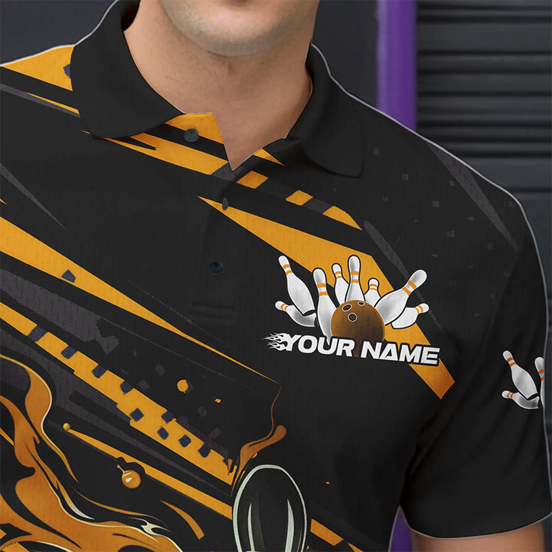 Custom Black And Gold Flame Men Bowling Polo Shirts, Fire Bowling Ball Bowling Team Shirt IPHW8698