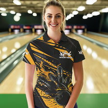 Load image into Gallery viewer, Custom Black And Gold Flame Women Bowling Polo Shirts, Fire Bowling Ball Bowling Team Shirt IPHW8698