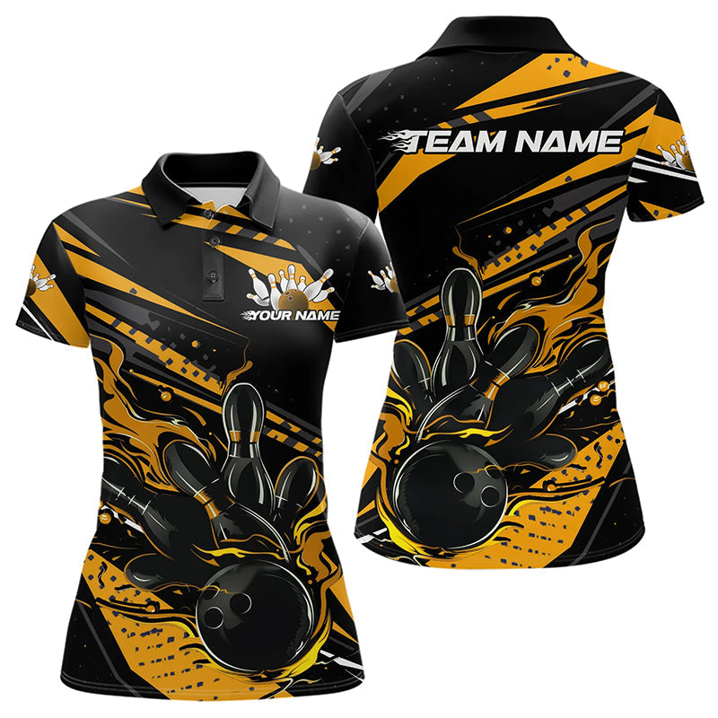 Custom Black And Gold Flame Women Bowling Polo Shirts, Fire Bowling Ball Bowling Team Shirt IPHW8698