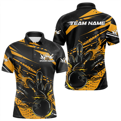 Custom Black And Gold Flame Men Bowling Polo Shirts, Fire Bowling Ball Bowling Team Shirt IPHW8698