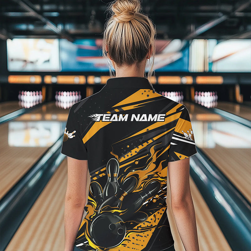 Custom Black And Gold Flame Women Bowling Quarter-Zip Shirts, Fire Bowling Ball Team Shirt IPHW8698