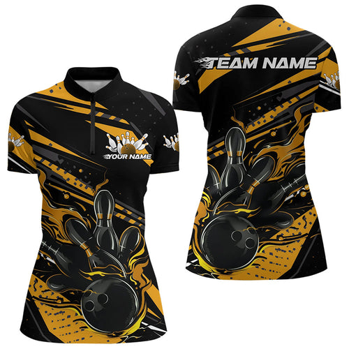 Custom Black And Gold Flame Women Bowling Quarter-Zip Shirts, Fire Bowling Ball Team Shirt IPHW8698