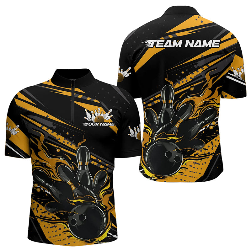 Custom Black And Gold Flame Men Bowling Quarter-Zip Shirts, Fire Bowling Ball Bowling Team Shirt IPHW8698