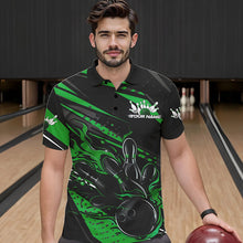 Load image into Gallery viewer, Custom Black And Green Flame Men Bowling Polo Shirts, Fire Bowling Ball Bowling Team Shirt IPHW8699