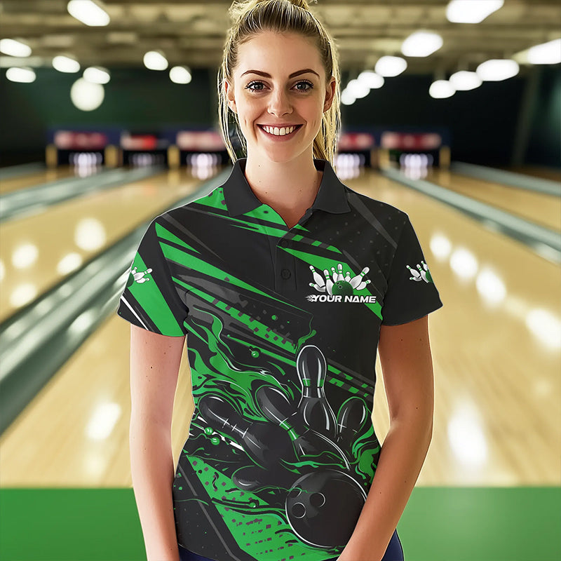 Custom Black And Green Flame Women Bowling Polo Shirt, Fire Bowling Ball Bowling Team Shirt IPHW8699