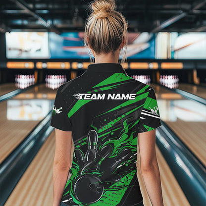 Custom Black And Green Flame Women Bowling Polo Shirt, Fire Bowling Ball Bowling Team Shirt IPHW8699