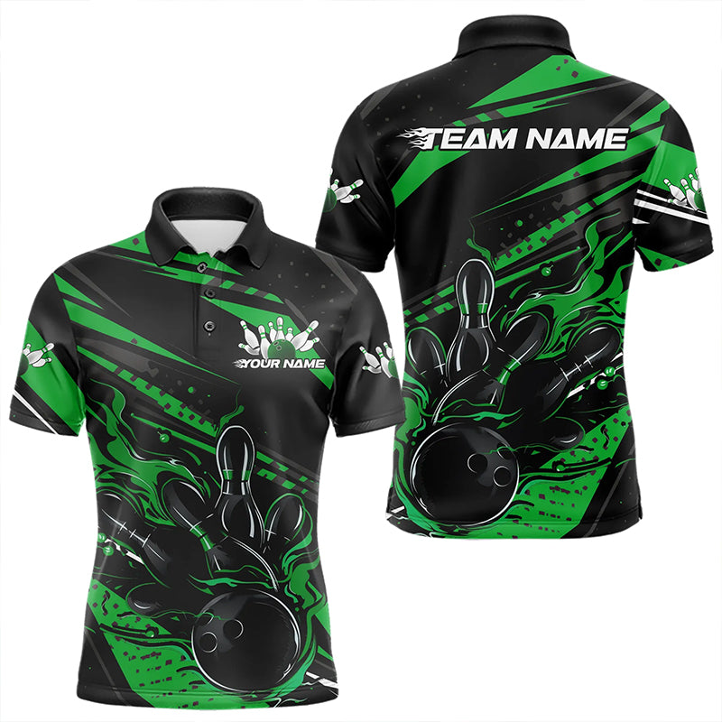 Custom Black And Green Flame Men Bowling Polo Shirts, Fire Bowling Ball Bowling Team Shirt IPHW8699