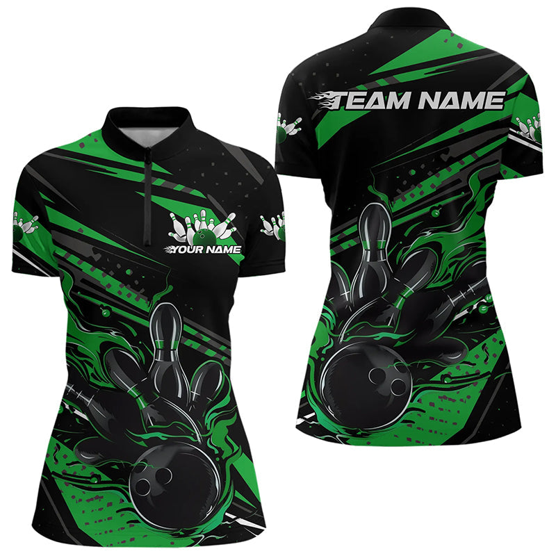 Custom Black And Green Flame Women Bowling Quarter-Zip Shirts, Fire Bowling Ball Team Shirt IPHW8699