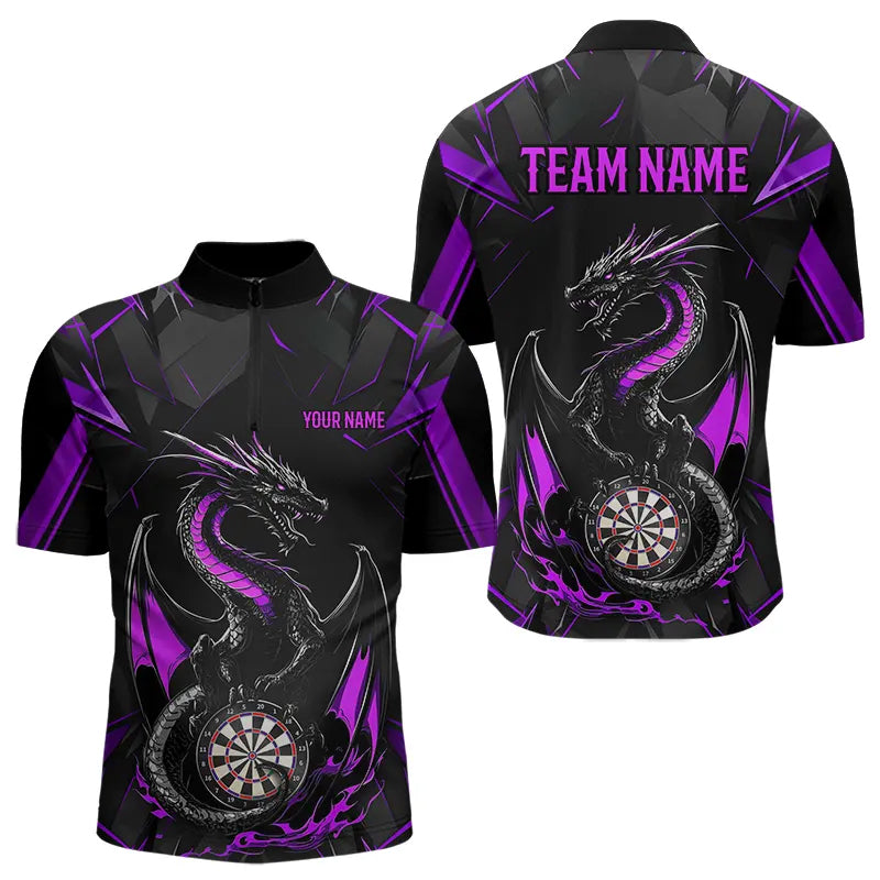 Custom Black And Purple Dragon Dart Quarter-Zip Shirts For Men, Dart Jerseys Dart Tournament Shirt IPHW8708