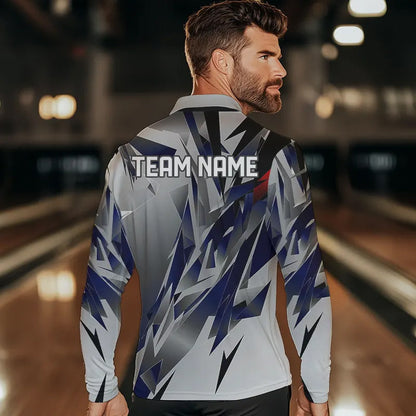 Blue And Gray Custom Men Bowling Team Long Sleeve Polo Shirts, Bowling Tournament Jerseys For Bowlers IPHW6188