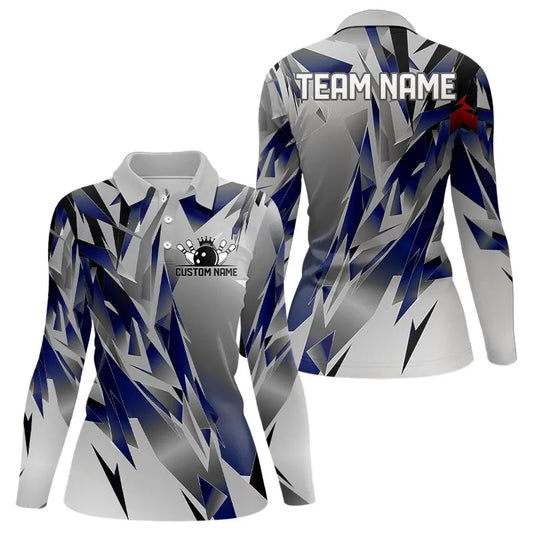 Blue And Gray Custom Women Bowling Team Long Sleeve Polo Shirts, Bowling Tournament Jerseys IPHW6188