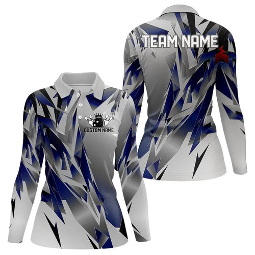 Blue And Gray Custom Women Bowling Team Long Sleeve Polo Shirts, Bowling Tournament Jerseys IPHW6188