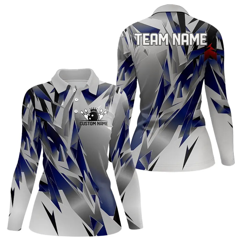 Blue And Gray Custom Women Bowling Team Long Sleeve Polo Shirts, Bowling Tournament Jerseys IPHW6188