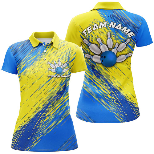 Yellow And Blue Ladies Bowling Shirts Team, Custom Name Bowling Tournament Jerseys IPHW6190