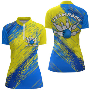 Yellow And Blue Ladies Bowling Shirts Team, Custom Name Bowling Tournament Jerseys IPHW6190