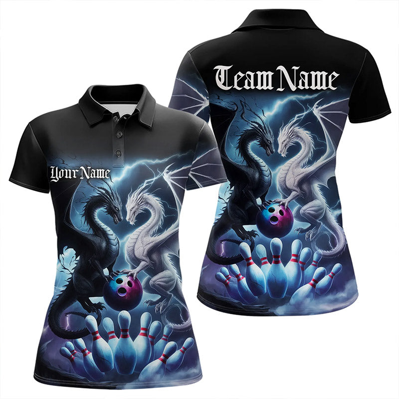 Custom Blue Lightning Black And White Dragons Bowling Polo Shirts For Women Bowlers Outfit IPHW8957