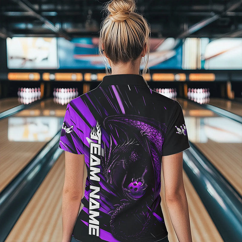 Black And Purple Custom Dragon Bowling Team Polo Shirts For Women, Bowling League Shirt IPHW8966